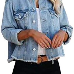 LONGBIDA Women's Jean Jacket Frayed Washed Button Up Cropped Denim Jacket With Pockets