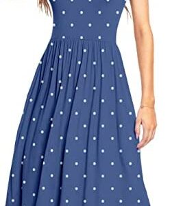 YUNDAI Women Short Sleeve Polka Dot Casual Pockets Swing Pleated Teacher Midi Dress Knee Length