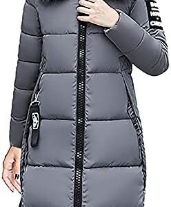 Women Winter Thicken Puffer Coat Full Zip Solid Color Long Quilted Down Jacket Slim Fit Pocket Outerwear with Fur Hood