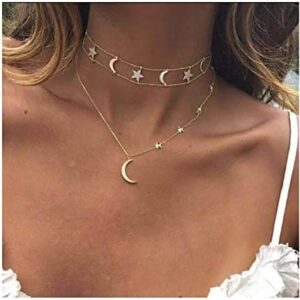 Chargances Bohemia Gold Moon and Stars Necklace for Women Fashion Gold Choker Necklace Delicate Moon Stars Jewelry for Women and Girls