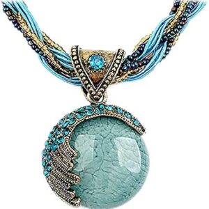 Harlorki Women Lady Retro Vintage Bohemian Style Turquoise Rhinestone Pendant Collar Chain Necklace Fashion Jewelry