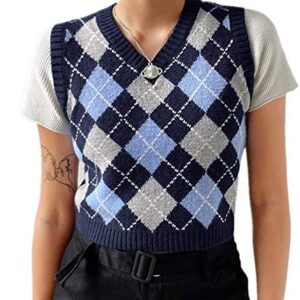 Hyipels Argyle Sweater Vest Women Y2K Plaid Knitted Streetwear Preppy Style V Neck Crop Knitwear Tank Top for Girl