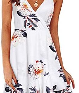 ULTRANICE Womens Summer Floral Wrap V Neck Adjustable Spaghetti Casual Ruffle Dress