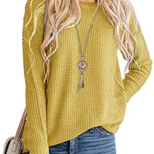 MEROKEETY Women's Long Sleeve Waffle Knit Sweater Crew Neck Solid Color Pullover Jumper Tops