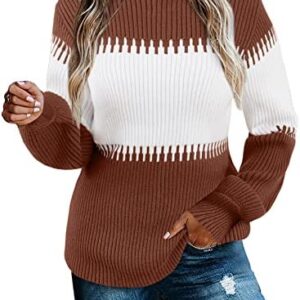 Imysty Womens Turtleneck Sweaters Fall Long Sleeve Color Block Striped Pullover Sweater Chunky Knit Jumper