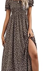 SweatyRocks Women's Ditsy Floral Split Thigh Maxi Dress Puff Sleeve Shirred Bodice Long Dresses Boho Summer Sundress