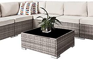 SUNVIVI OUTDOOR 7 Piece Patio Furniture Set All Weather Grey Wicker Outdoor Patio Sectional Sofa Couch with Glass Table, Large Patio Conversation Set with Beige Removable Velcros Seat Cushions