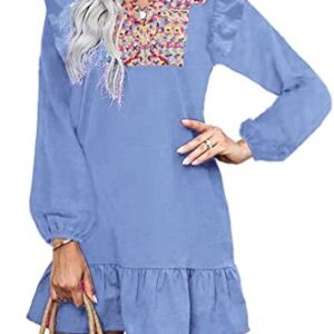 KIRUNDO Women's Long Sleeve Boho Mexican Floral Embroidery Mini Dress Casual Loose V Neck Cute Ruffle Shift Dress
