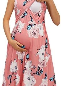 OUGES Womens Solid/Floral Maternity Dresses Nursing Gown Breastfeeding Clothes