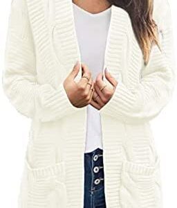 MEROKEETY Women's Long Sleeve Cable Knit Cardigan Sweaters Open Front Fall Outwear with Pockets