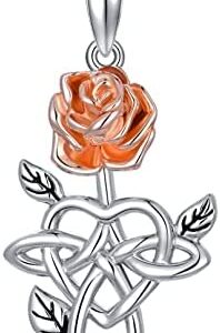 VONALA Celtic Knot Cross Necklace for Women Sterling Silver Rose Flower Necklace Cross Necklace with Rose Flower Jewelry Gifts for Valentine Birthday