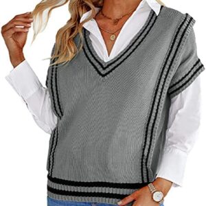 Women's Sleeveless Sweater Vest Plaid Geo Chunky Cable Knit Sweater Crop Top V Neck Knitwear Tank Tops (Grey,XX-Large)