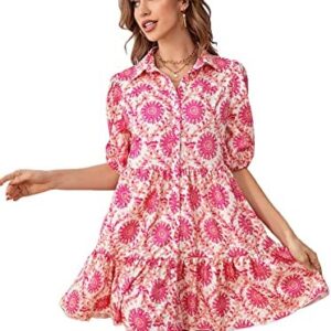 MakeMeChic Women's Allover Print Puff Sleeve Button Front Ruffle Mini Shift Dress