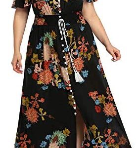 Women's Plus Size Floral Print Button Up Short Sleeve Split Flowy Beach Party Maxi Dress