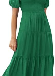 ANRABESS Women's Summer Puff Short Sleeve V Neck Smocked Tiered Swing A Line Beach Midi Dress with Pockets