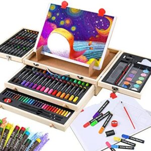 Art Supplies, 108-Piece Wooden Art Set Crafts Kit with Drawing Easel, Deluxe Kids Art Set, Oil Pastels, Colored Pencils, Watercolor Cakes, Creative Gift for Kids, Teens, Beginners Girls Boys