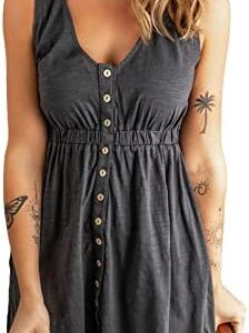 BLENCOT Women's Casual V Neck Sleeveless Button Down Dress Summer Elastic Waist A-Line Swing Tank Dresses