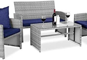 Best Choice Products 4-Piece Wicker Patio Conversation Furniture Set w/ 4 Seats, Tempered Glass Tabletop - Gray Wicker/Navy Cushions