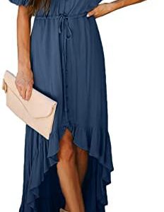 Dokotoo Womens 2022 Off The Shoulder Casual Short Sleeve Maxi Dress High Low Solid Cocktail Skater Dresses