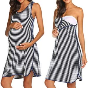 Ekouaer Women's Maternity Sleeveless Dress Striped Nightgown Pregnancy Gown for Breastfeeding
