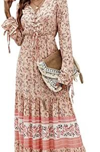 Floerns Women's Floral Print Boho V Neck Long Sleeve Flowy Maxi Dress
