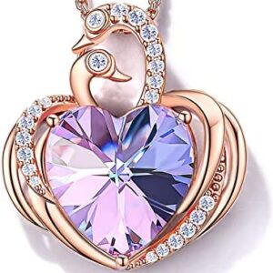 JD&P Swan Love Heart Pendant Necklace for Women Girls, 18k Gold Plated Crystal Birthstone Necklace, Rose Gold Silver Tone Jewelry Christmas Gifts for Mom Grandma, 18 inch Box Chain & 2 inch Extender