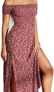 MakeMeChic Women's Boho Floral Print Off Shoulder Shirred Split Summer Long Maxi Dress