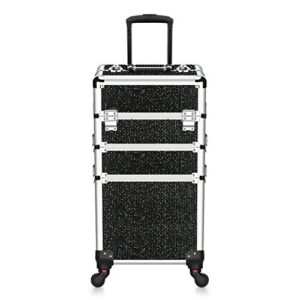 Makeup Case - 3 In 1 Aluminum Professional Rolling Cosmetic Beauty Storage With Folding Trays and Large Compartments Black Diamond