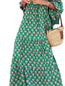 NUFIWI Women Short Puff Sleeve V Neck Maxi Dress Summer Boho Floral Printed Dress Smocked Tiered Flares Sundress