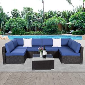 Peach Tree Outdoor Furniture All-Weather Sectional Wicker Sofa Set 7 PCs Patio Rattan Clearance with Washable Cushions and Coffee Table, Backyard, Pool