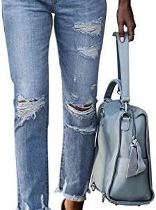 Sidefeel Women Patchwork Destroyed Raw Hem Jeans Ripped Hole Denim Pants