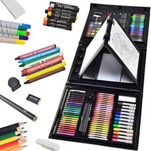 Sunnyglade 185 Pieces Double Sided Trifold Easel Art Set, Drawing Art Box with Oil Pastels, Crayons, Colored Pencils, Markers, Paint Brush, Watercolor Cakes, Sketch Pad