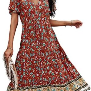 TEMOFON Women's Dresses Summer Bohemian Casual Short Sleeve Floral Print Maxi Dress S-2XL