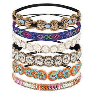 Teenitor 6 Pieces Elastic Rhinestone Beaded Women Headbands, Handmade Vintage Jewelry Hair Bands for Girl Hair Accessories 20-26.8’’ Multicolor