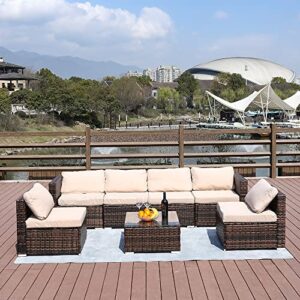 VANCIKI Patio Furniture Set of 7, Tempered Glass Coffee Table Rattan Weaving Wicker Chair Sectional Sofa with Cushion Outdoor Conversation Sets, for Lawn, Garden, Beach, Poolside & Balcony