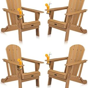 VINGLI Plastic Adirondack Chairs Set of 4, Folding with Cup Holder, Waterproof HDPE Material, Comfortable 380lb Weight Capacity for Outdoor Pool Patio Lounge Chair Lawn Furniture Firepit (Teak)