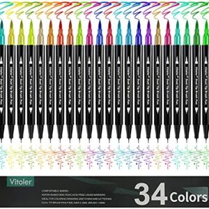 VITOLER Dual Tip Brush Markers Colored Pen,Fine Point Journal Pens & Colored Brush Markers for Kid Adult Coloring Drawing Planner Calendar Art Projects(34 Colors Pen)