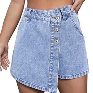 WDIRARA Women's Wrap Button Front Asymmetrical Hem Denim Skort Pocket Skirt Shorts