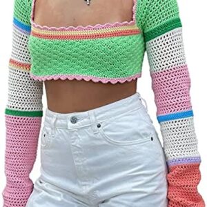Women Y2K Crochet Kint Tops Color Block Long Sleeve Crop Tops Hollow Out Square Neck Sweater Shirt