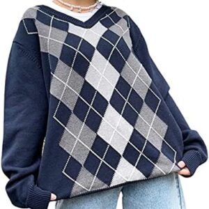 Womens Color Block Sweater Pullover College Knit Vintage Argyle Plaid Sweater Sweatshirts Outwear
