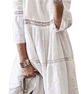 Womens Plus Size Midi Boho Solid Dress 3/4 Sleeve Crew Neck Beach Dress Flowy Swing Summer Dresses Up to 5XL