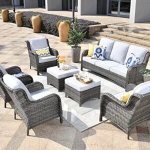 XIZZI Outdoor Furniture Patio Furniture Set 7 Pieces All Weather Wicker Patio Conversation with High Back Sofa Sectional and 2 Ottomans for Garden,Backyard and Deck,Grey Wicker Grey Cushion