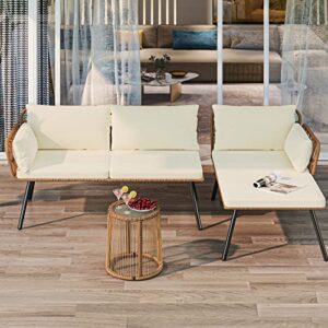 YITAHOME L-Shaped Love Seat Patio Sofa, All-Weather Wicker Conversation Set with Glass Table & Cushions, Patio Furniture Sets for Backyard Porch Garden Balcony