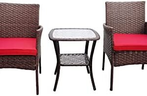 YIYAN 3 Pieces Outdoor Furniture Set Patio Rattan Wicker Chairs,Lawn Garden Balcony Backyard,with Washable Cushion (Red)